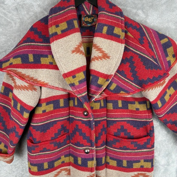 Vintage Circle T Blanket Coat Wool Blend Multi Southwestern Aztec Shawl Women S - Picture 3 of 12